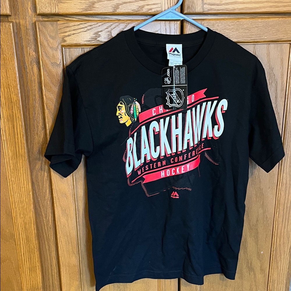 Majestic Blackhawks Black T-Shirt with Red and Yellow Accents